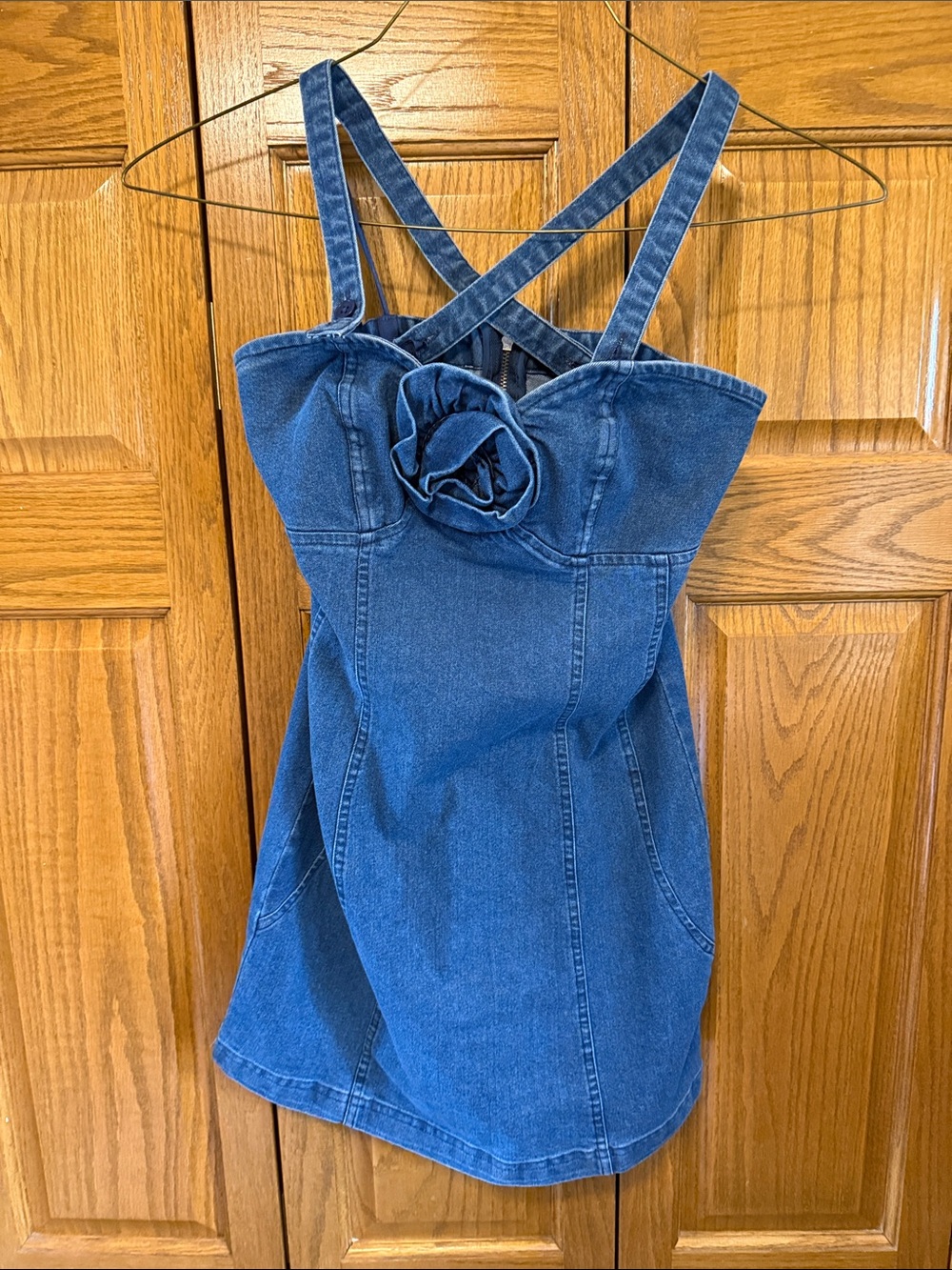 Denim Rose-Accent Strappy Blue Camisole- XS